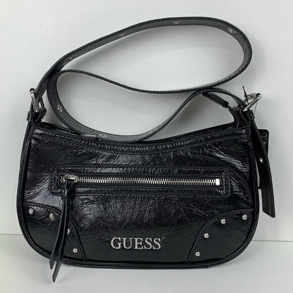 GUESS Dementri Shoulder Handbag Creased Patent Faux Leather  Purse - Picture 1 of 5